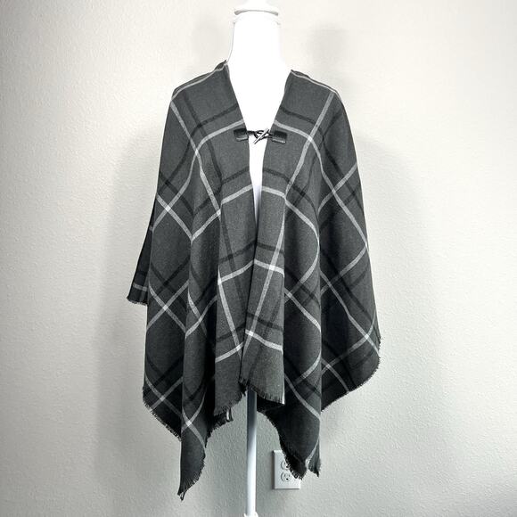 Calvin Klein Womens Poncho Shawl Wrap Gray Plaid Wool Blend Oversized Fringe OS - Picture 1 of 9